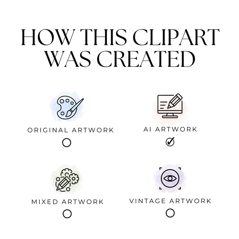 May include: A graphic showing four different ways clipart can be created: original artwork, AI artwork, mixed artwork, and vintage artwork. Each option is represented by a simple icon and a watercolour background.