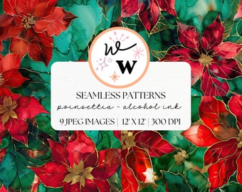 Modèle sans couture d'encre d'alcool de poinsettia | Motif floral de Noël | Texture aquarelle de poinsettia | Fond vert et rouge d'encre à l'alcool