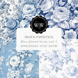 Papel digital Toile azul / Juego de papel imprimible floral Descargar /Impresión de álbum de recortes floral / Impresión digital Toile de Jouy / Toile de Jouy