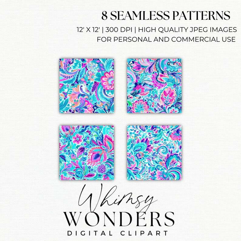 Peut inclure: Huit motifs sans couture pr&eacute;sentant un design floral vibrant dans des tons de bleu, rose et violet. Les motifs mesurent 30,5 cm sur 30,5 cm et 300 DPI. Ils sont adapt&eacute;s &agrave; un usage personnel et commercial.
