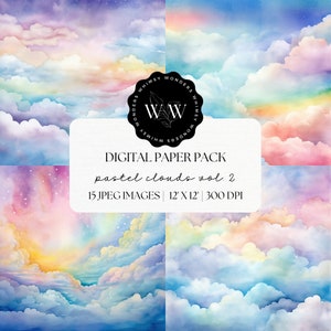 Pastelwolken digitaal papier | Pastelwolkenpatroon | Regenboogwolken Achtergronden | Babyshower | Kaarten maken | Aquarel regenbogen