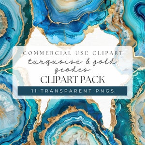 May include: A digital clipart pack of 11 turquoise and gold geode images. The images are high-resolution and transparent PNG files, perfect for commercial use.