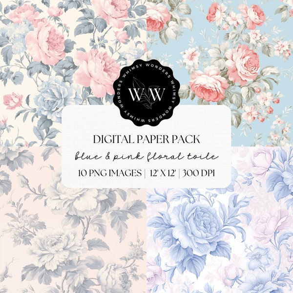 Blue Pink Toile Digital Paper| Instant Download | Toile De Jouy Digital Paper Set | Scrapbook paper | Junk Journal Papers | Toile Pattern