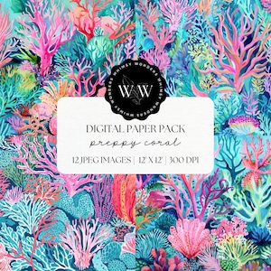 May include: Digital paper pack with 12 preppy coral designs. Each design is 12 inches by 12 inches and 300 DPI. The designs feature a variety of coral shapes and colors, including pink, red, blue, and green.