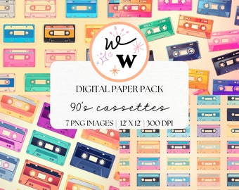Papeles Digitales Cassettes de los 90 Papel Digital 90S Papeles Coloridos Ochenta Scrapbooking Digital Texture Pack 90S Nostalgia