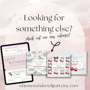 May include: A digital illustration of three different clip art packs. The first pack is a blue and white toile pattern with a boat and a lighthouse. The second pack is a set of red and blue cherry bows. The third pack is a set of red and blue cherry bows with a black and white gingham pattern. The text on the image reads "Whimsy Wonders Digital Clipart" and "whimsywondersclipart.etsy.com".