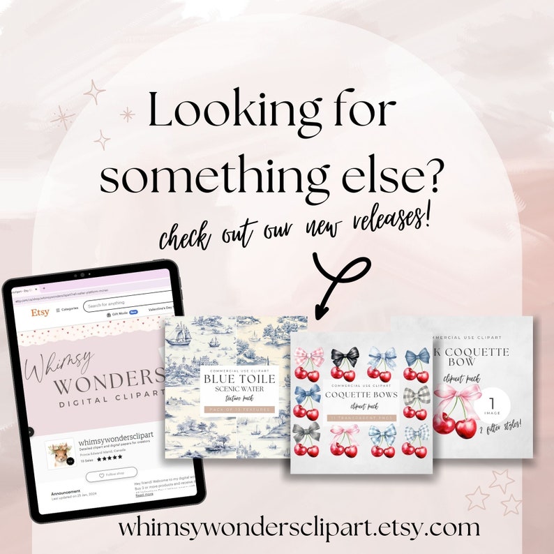 May include: A digital illustration of three different clip art packs. The first pack is a blue and white toile pattern with a boat and a lighthouse. The second pack is a set of red and blue cherry bows. The third pack is a set of red and blue cherry bows with a black and white gingham pattern. The text on the image reads "Whimsy Wonders Digital Clipart" and "whimsywondersclipart.etsy.com".