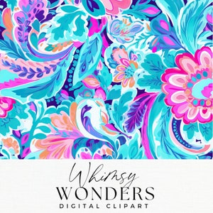 Peut inclure: Une image de clipart num&eacute;rique repr&eacute;sentant un motif paisley fantaisiste dans des tons de rose, bleu et violet sur un fond noir. Le texte "Whimsy WONDERS DIGITAL CLIPART" est en bas de l'image.