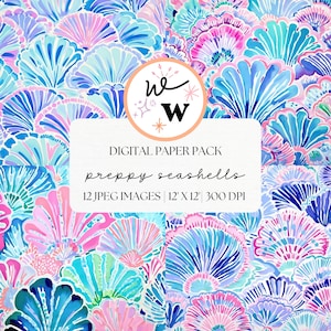 May include: Digital paper pack with 12 preppy seashell designs. Each design is 12 inches by 12 inches and 300 DPI. The designs feature a watercolor style with blue, pink, and purple seashells.