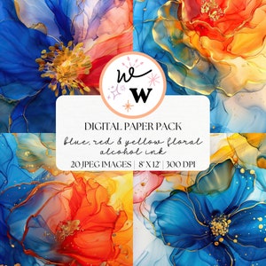 Floral Alcohol Ink Digital Paper | Blue Red Yellow Alcohol Ink Background | Colorful Patterns | Vivid Fluid Art| Rainbow Alcohol Ink Texture