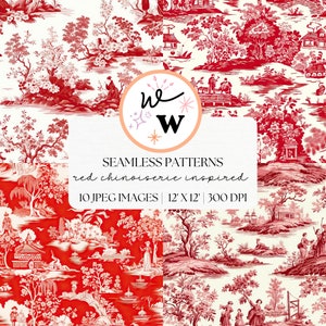 Patrón sin costuras Toile De Jouy rojo / Papel digital Chinoiserie / Patrón repetitivo Chinoiserie / Impresión Toile roja y blanca / Diario basura