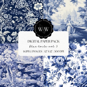 Toile De Jouy Digital Paper | Blue Floral Printable Paper Set Download |Floral Scrapbook Print | Vintage Flower Backgrounds | Shabby Chic
