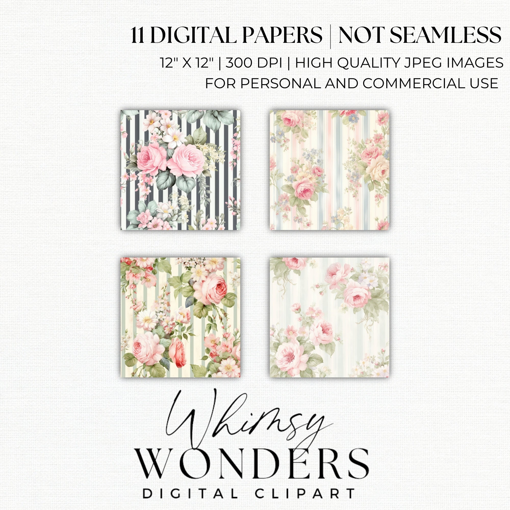 Shabby Chic Floral Clipart | Pink Rose Digital Paper | Vintage Ephemera ...