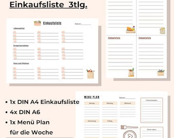 Shopping list DIN A4 and DIN A6 I Digital download I Menu plan I Weekly meal plan
