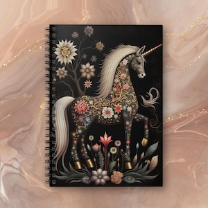 Mystical Unicorn Art Spiral Notebook, Magical Scandinavian Floral Unicorn Design Journal, Unicorn Fairytale Cottagecore Dairy Gifts for Her