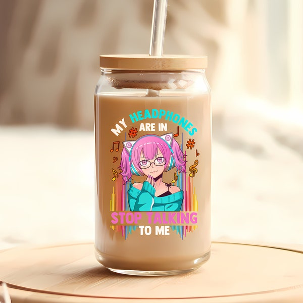 Kawaii Anime Cat Girl Headphones 16oz Sipper Glass Can with Lid & Straw, Iced Coffee Tumbler Gifts for Boba Tea Lover, Teens Girl K-Pop Fans