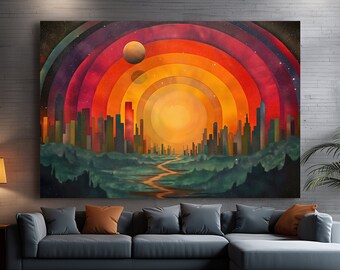 70s Disco Ball Canvas Print, Retro Abstract Landscape Wall Art