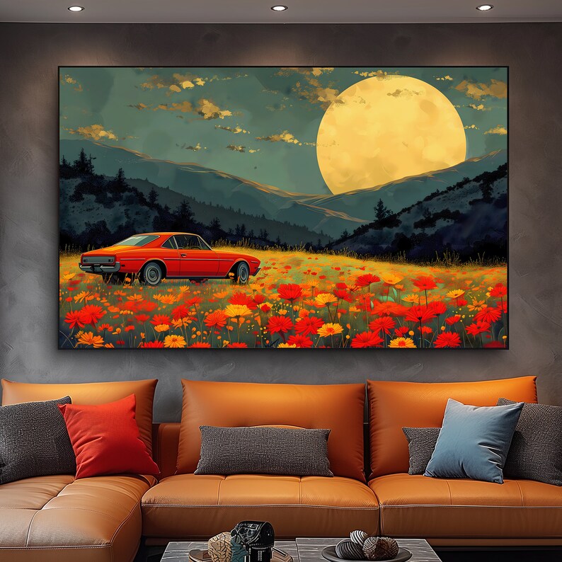 Disco Ball Decor Retro Wall Art, Vintage Large One Piece Canvas Print Wall Art, Mid Century Modern Colorful Landscape Art, Moody Wall Art