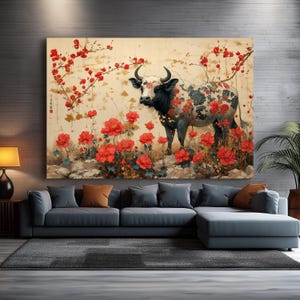 Arte de parede em tela emoldurada rústica indiana de vaca 3D - Decoração de parede horizontal de fazenda - Impressão de arte asiática texturizada - Retrato de vaca inspirado no Boho