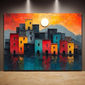 Aangepaste aquarel huisportret olieverfschilderij, 3D-getextureerde kleurrijke extra grote muurkunst, vakantiehosting boven bed kunst Dopamine-decor