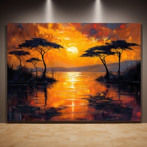 Afrikanischer Wandkunst-Leinwanddruck, See- und Sonnenuntergang-Ölgemälde, afrikanische Wandkunst, modernes Leinwandgemälde für Zuhause/Büro-Dekor
