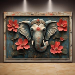 Arte de parede extragrande de elefante indiano – Arte impressa de flor vermelha para decoração cultural de casa