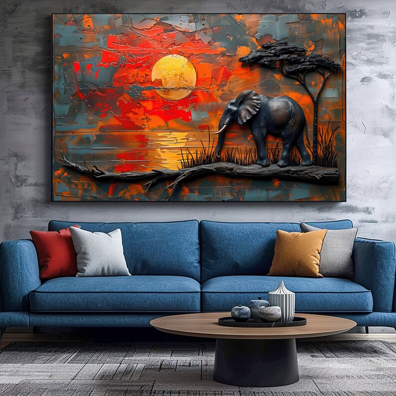 African Landscape Impasto Painting Large Wall Art, Dimensional Animal Textured Oil Painting, Trendy Canvas Painting Wall Art Gift For Home