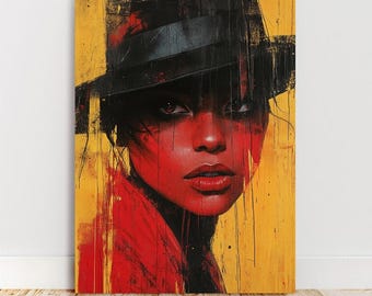 African Woman Fedora Hat Oil Painting: Feminist MCM Wall Art