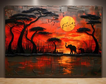 May include: A painting depicting a sunset over a savanna with silhouetted trees and two elephants walking towards a large orange sun. The sky is a vibrant orange and red, and the water reflects the colors of the sunset.