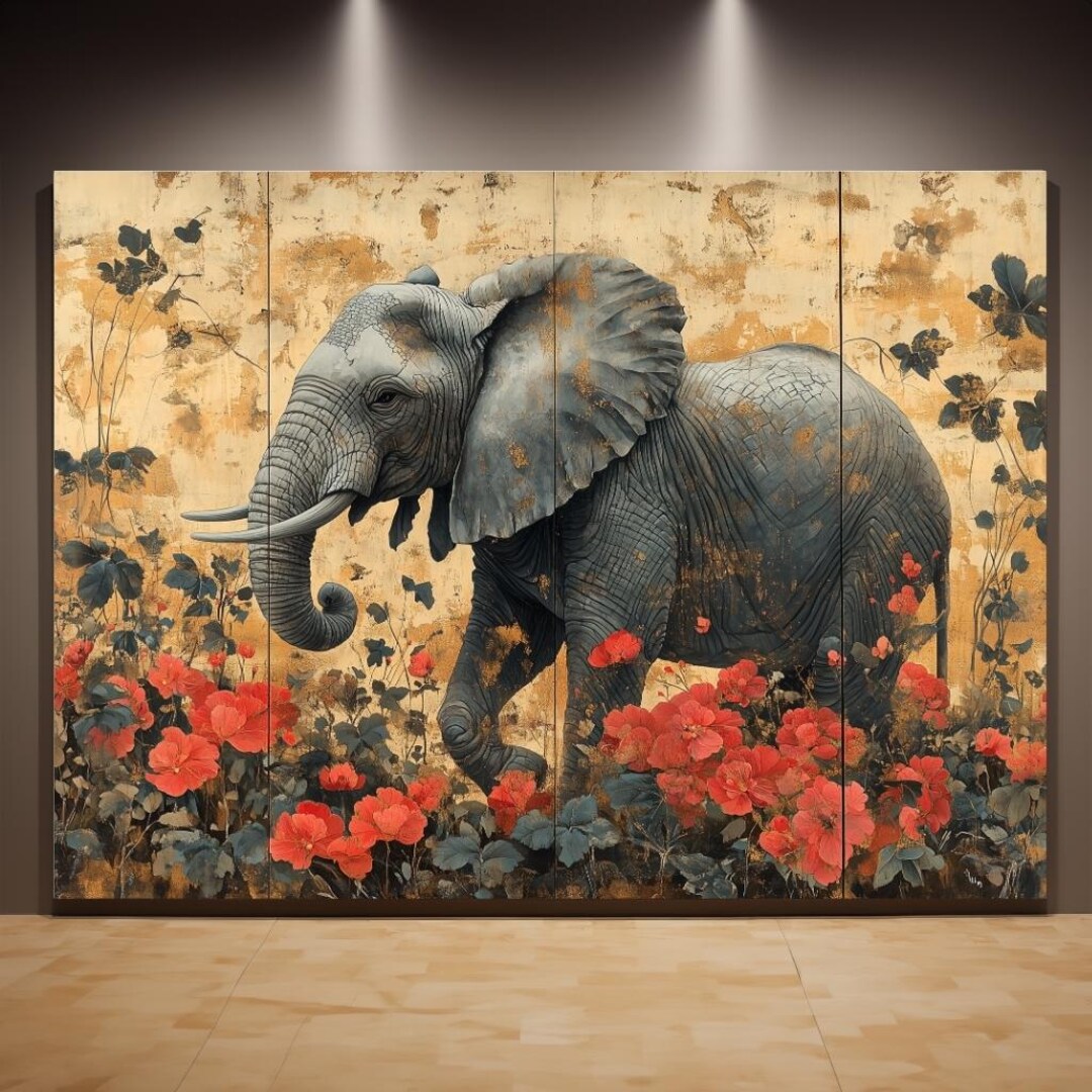 Elephant & Red Blossoms Framed Canvas Print – Japandi Wall Art - Etsy