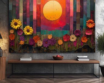 Mid Century Modern Floral Landscape Canvas Art, Retro Wall Decor
