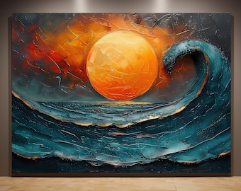 Ocean Wave Impasto Canvas Print, Japanese Landscape, Japandi Wall Art