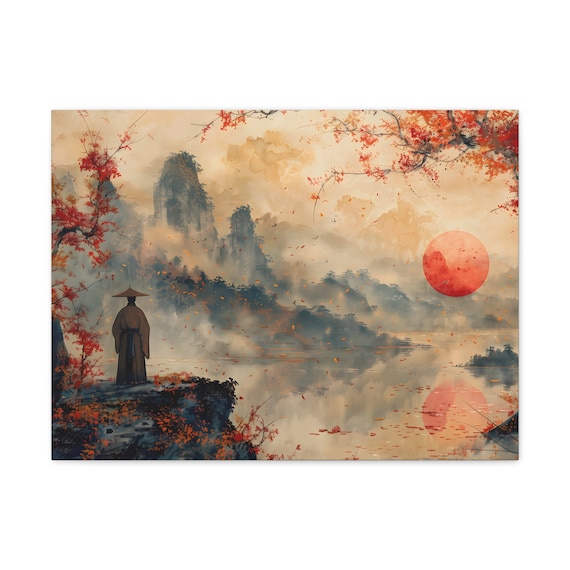Extra Large Japandi Canvas Print, Japanese Landscape Oil Painting