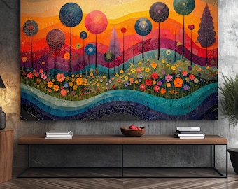 Colorful Landscape Canvas Print, Mid Century Modern Wall Art