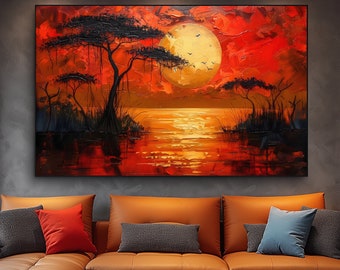 Textured African Sunset Canvas Print, Impasto Landscape Wall Art