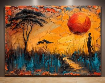Wall Art African Canvas Print, Woman and Sunset Oil Painting, African Wall Art, Textured Canvas Painting For Home/Office Decor