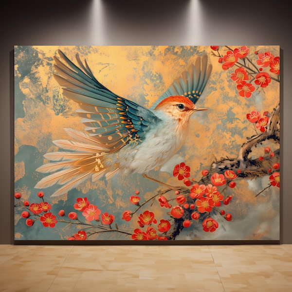 Japandi Wall Art Canvas Print, Bird Oil Painting Japanese Wall Art, Japandi Bird Canvas Print, Modern Japanese Home/Office Decor