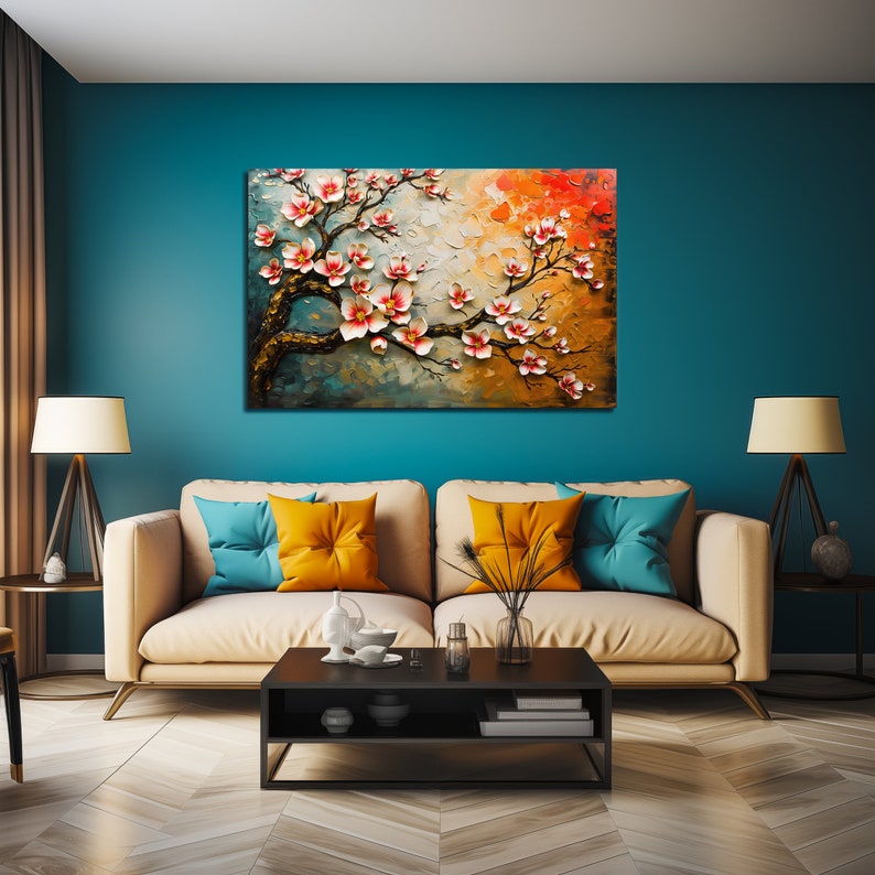 Dimensional Japandi Flower Wall Art Canvas Print, Flower Painting Wall