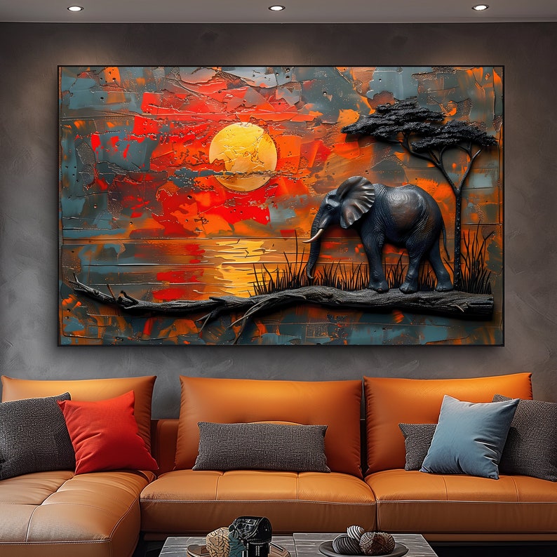 African Landscape Impasto Painting Large Wall Art, Dimensional Animal Textured Oil Painting, Trendy Canvas Painting Wall Art Gift For Home