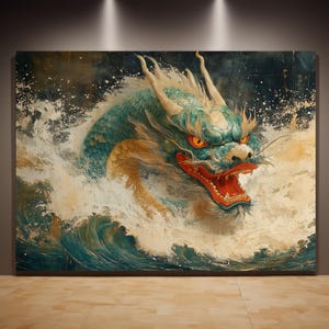May include: A green dragon with red eyes and an open mouth emerges from a swirling blue and white wave. The dragon is painted in a traditional Japanese style on a textured canvas.
