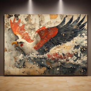 Águia Japonesa Rústica Grande Arte de Parede – Pintura de Pássaro Vintage com Asas Vermelhas e Pretas – Melhor para Decoração de Casa/Escritório