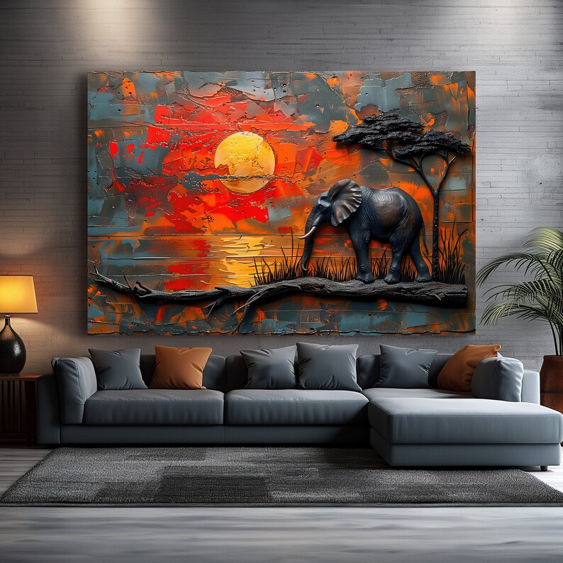 African Landscape Impasto Painting Large Wall Art, Dimensional Animal Textured Oil Painting, Trendy Canvas Painting Wall Art Gift For Home