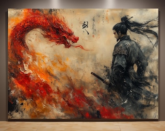 May include: A painting of a red dragon with flames and a samurai warrior with a sword. The background is a light brown with black calligraphy.