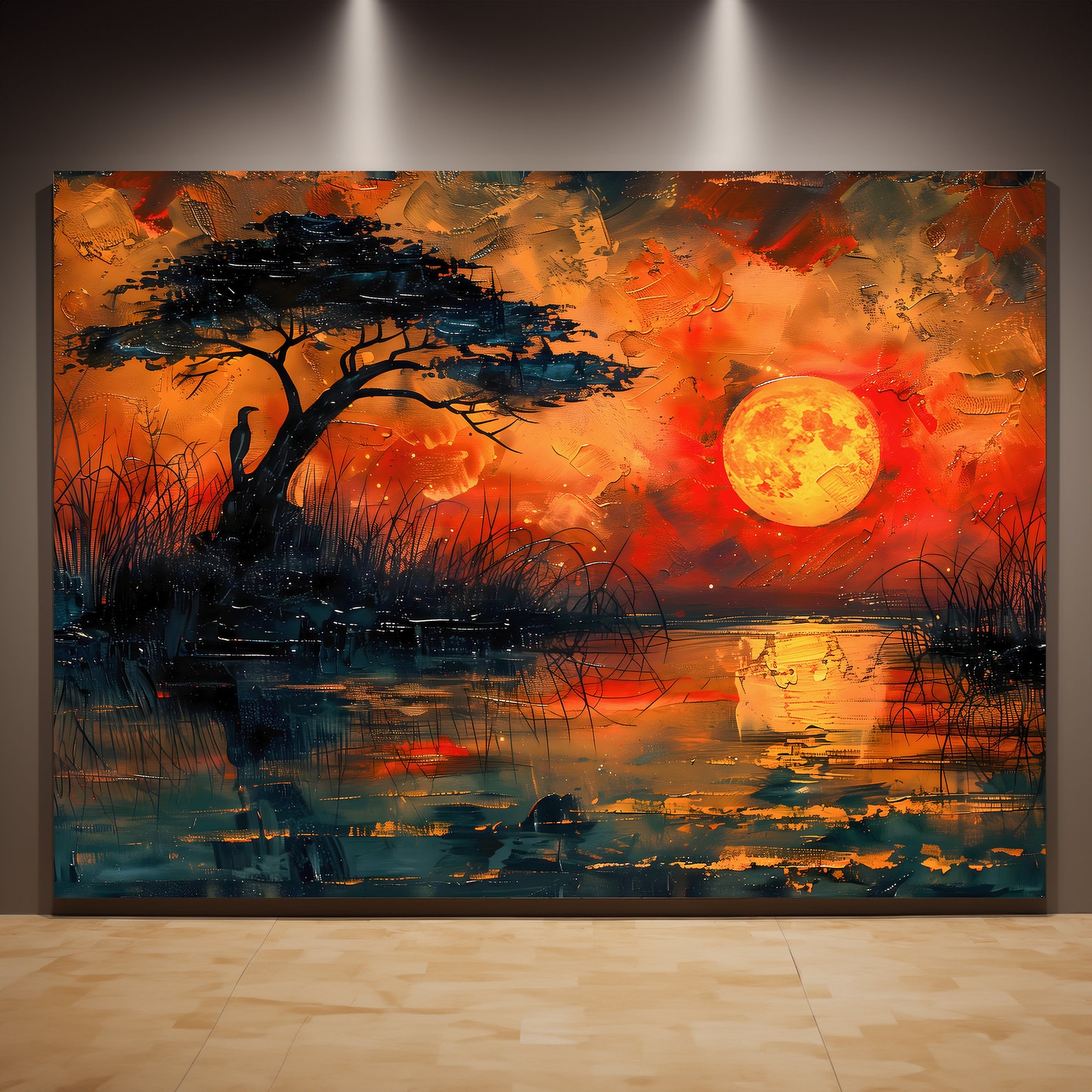 Extra Large Wall Art, African Canvas Print, River and Sunset Oil
