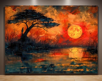 Extra Large Wall Art, African Canvas Print, River and Sunset Oil Painting, Landscape Wall Art, Nature Canvas Painting, Textured wall Art