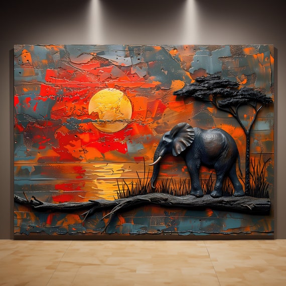 African Elephant Impasto Painting, Textured Canvas Wall Art