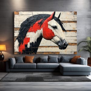 Arte de parede extra grande, cavalo vermelho e branco, impressão em tela - pintura em impasto texturizada - elegância rústica para casas modernas