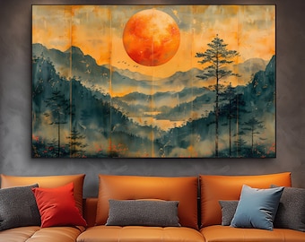 Japanese Mountain Sunset Canvas Print, Landscape Wall Art