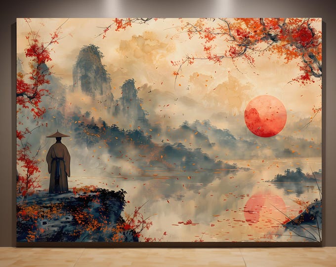 Featured listing image: Horizontal Framed Large Wall Art, Japandi Canvas Print, Landscape Oil Painting, Japanese Wall Art, Japanese Landscape Canvas Painting
