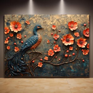 Arte de pared de gran tamaño con elegante impresión en lienzo de pavo real: pintura inspirada en la naturaleza con textura 3D y flores rojas, ideal para la decoración del hogar